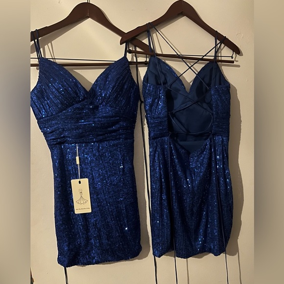 Women's Blue Sequins Tight Short Open Back Homecoming Prom Dress - Picture 4 of 7